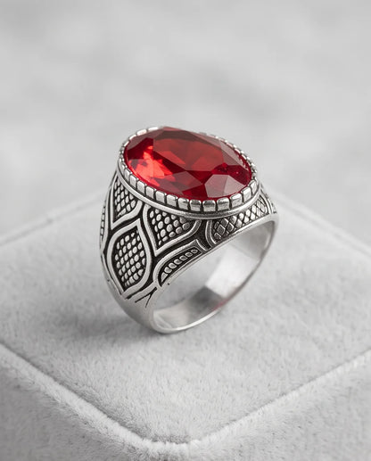 Ruby Gemstone Beaded Bezel Scale-Lattice Silver Ring