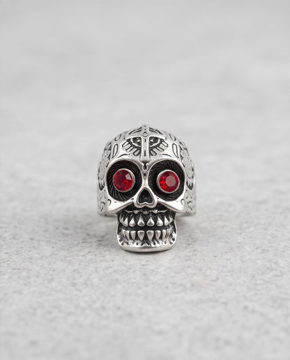 Ruby-Eyed Filigree Skull Band Silver Ring