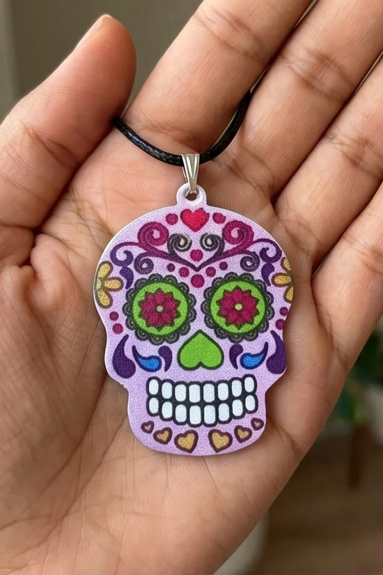 Vibrant Pastel Pink Sugar Skull Día de los Muertos Pendant Necklace