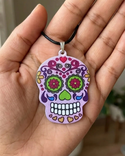 Vibrant Pastel Pink Sugar Skull Día de los Muertos Pendant Necklace
