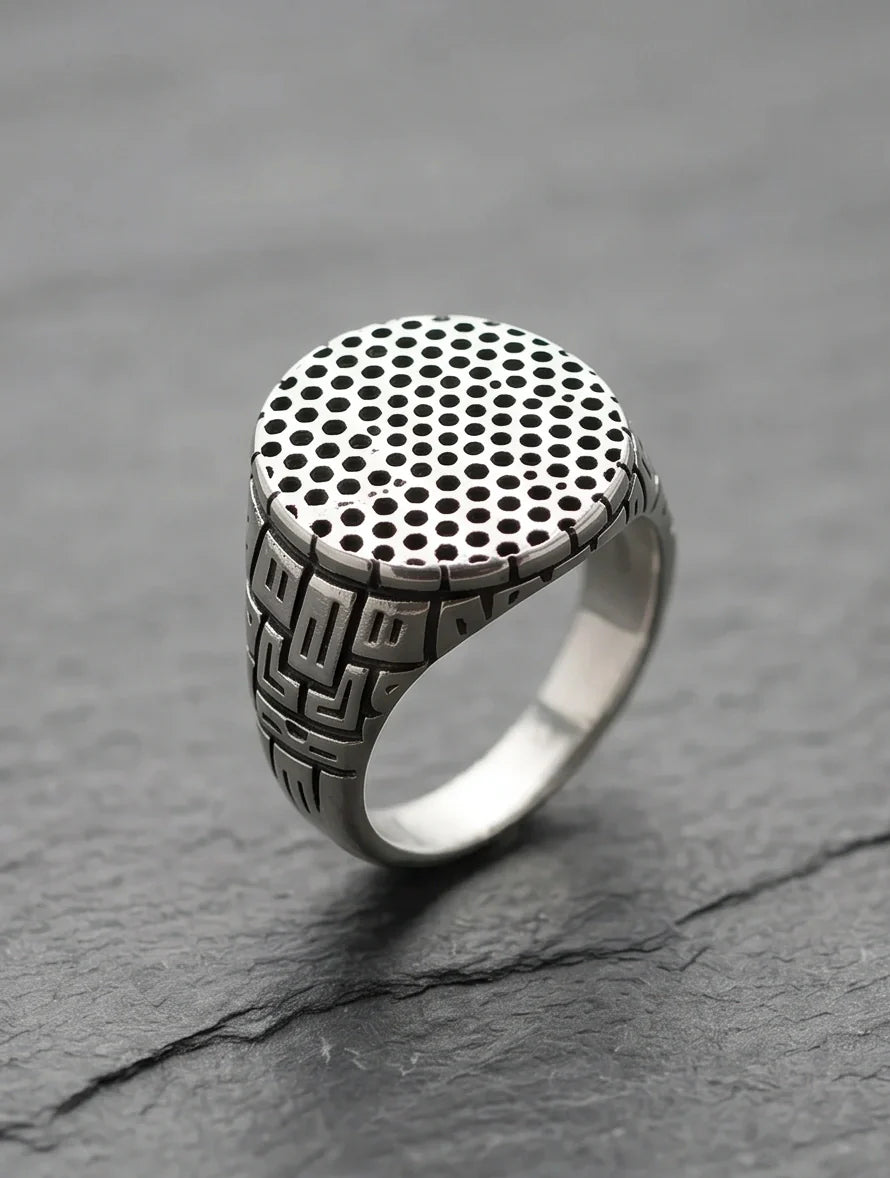 Sterling Silver Industrial Perforated Round Signet Ring