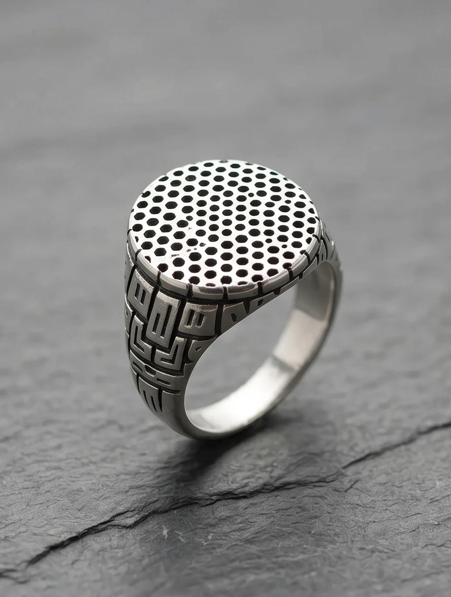 Sterling Silver Industrial Perforated Round Signet Ring