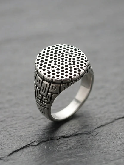 Sterling Silver Industrial Perforated Round Signet Ring