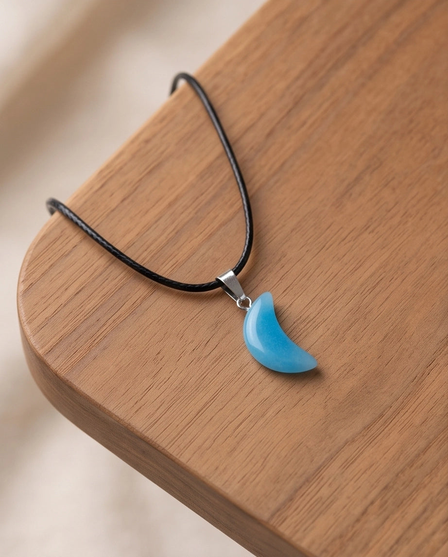 Silver Light Blue Crescent Moon Resin Pendant Necklace
