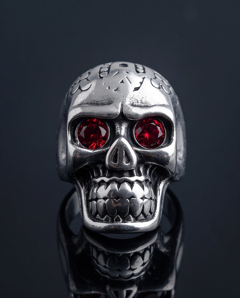 Red-Eyed Carved Crown Skull Ring