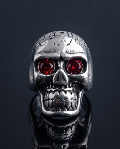 Red-Eyed Carved Crown Skull Ring