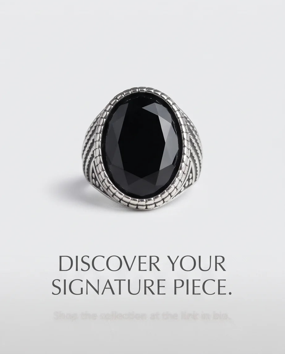 Black Gemstone Double-Tier Bezel Ribbed Silver Ring
