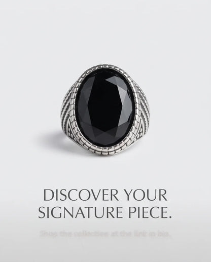 Black Gemstone Double-Tier Bezel Ribbed Silver Ring