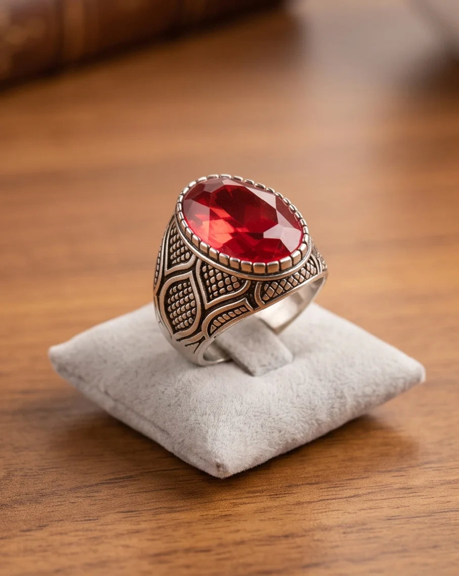 Ruby Gemstone Beaded Bezel Scale-Lattice Silver Ring