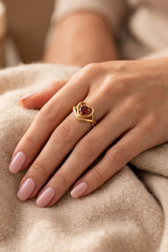 Gold Ruby Heart Openwork Statement Ring