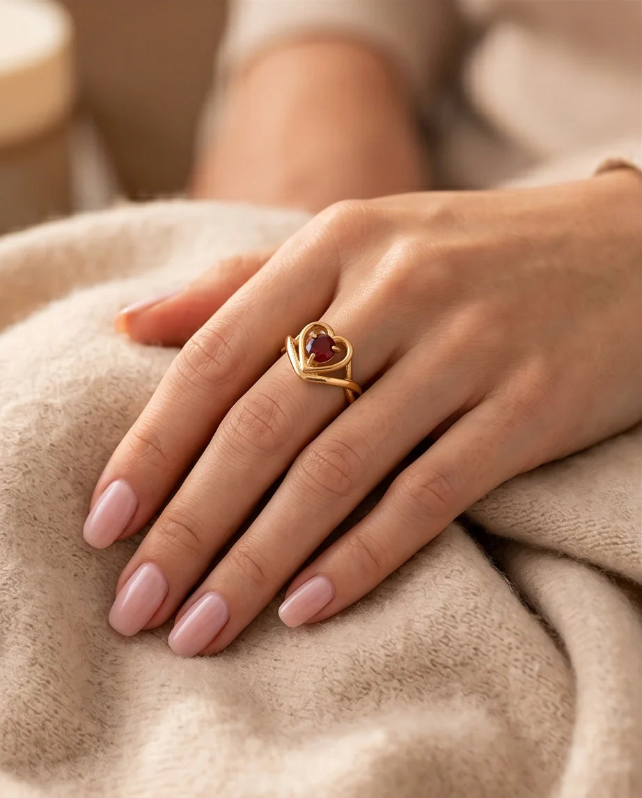 Gold Ruby Heart Openwork Statement Ring