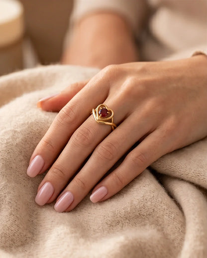 Gold Ruby Heart Openwork Statement Ring