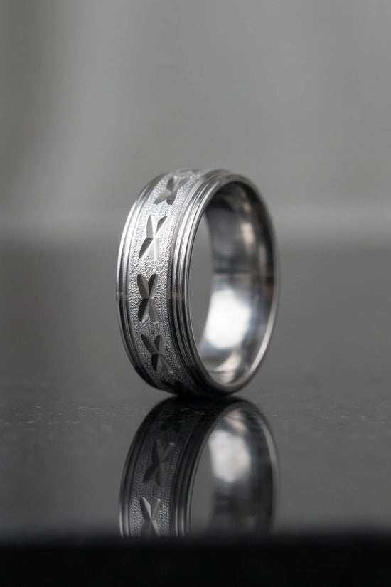 Textured Silver 'X' Engraved Band Ring