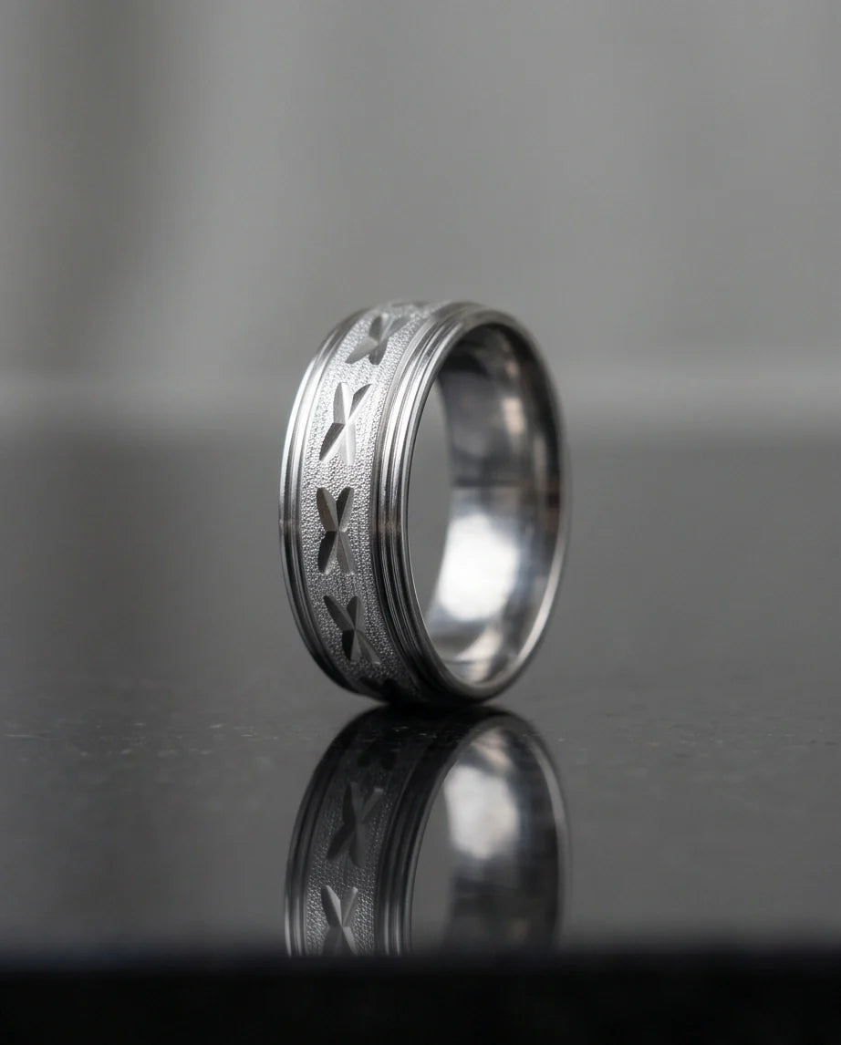 Textured Silver 'X' Engraved Band Ring