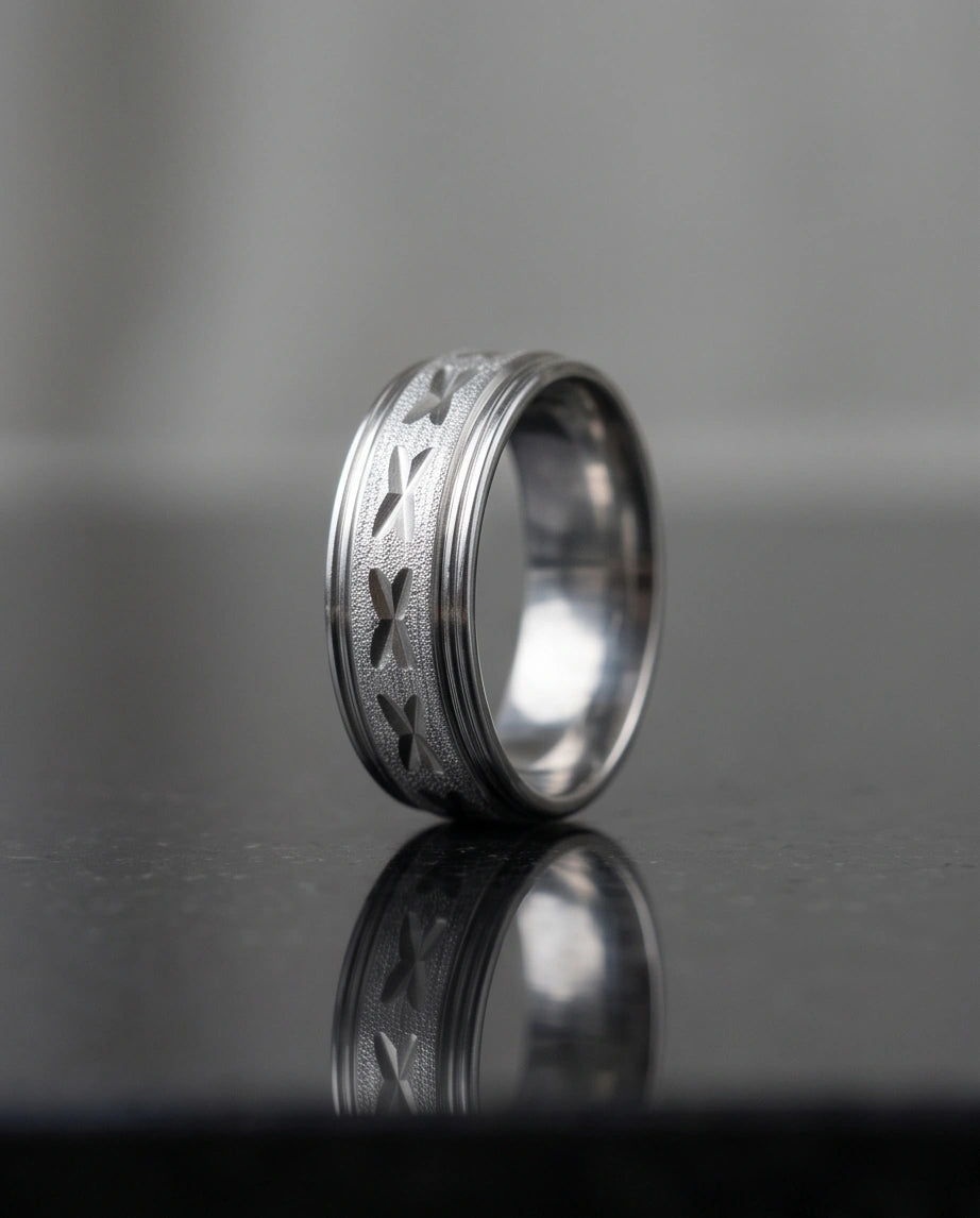 Textured Silver 'X' Engraved Band Ring