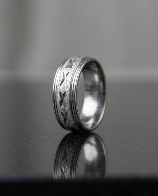 Textured Silver 'X' Engraved Band Ring