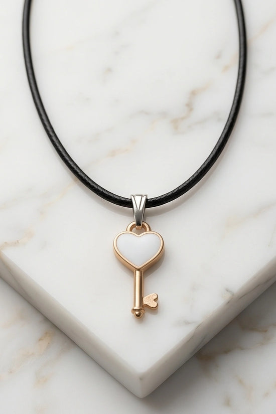 Gold and White Heart Key Pendant Necklace