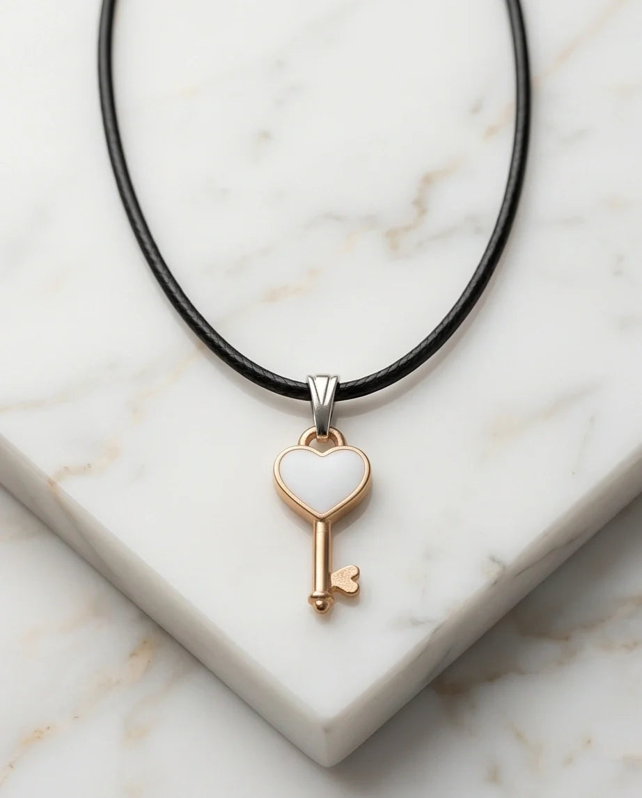 Gold and White Heart Key Pendant Necklace
