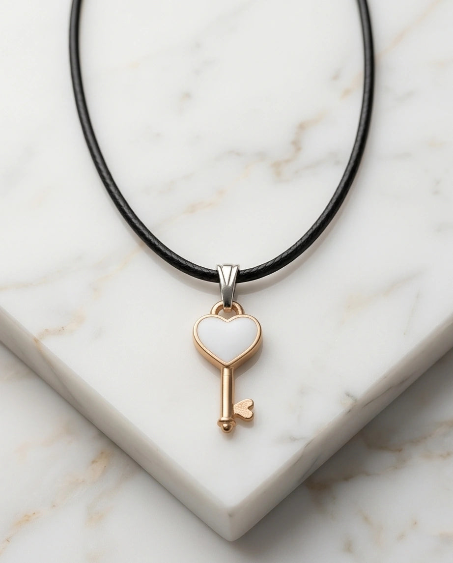 Gold and White Heart Key Pendant Necklace