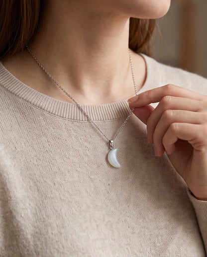 Silver Opal White Crescent Moon Pendant Necklace