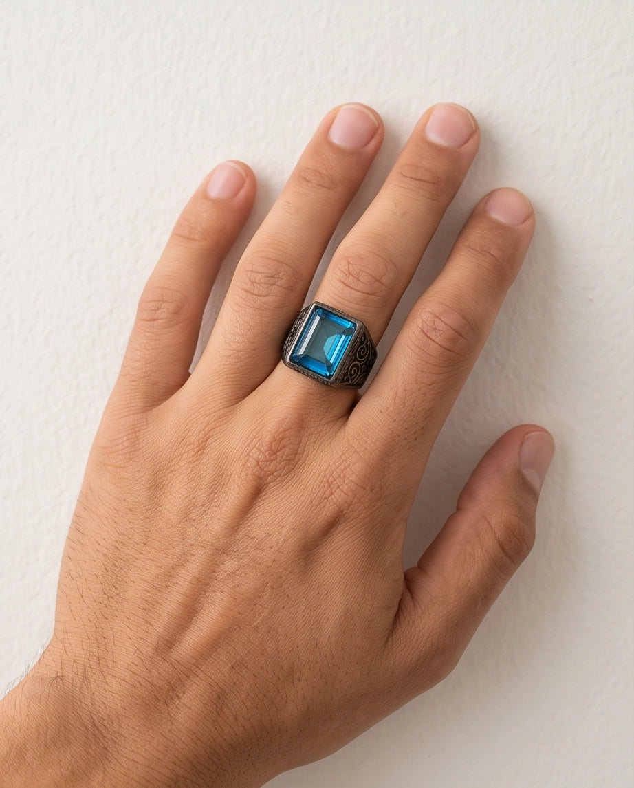 Jet Black Emerald-Cut Onyx Geometric Architectural Silver Ring