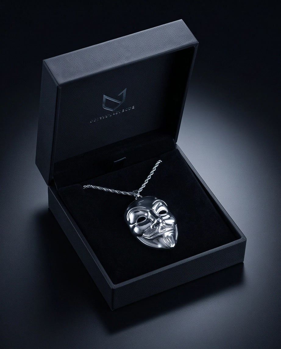 Silver Guy Fawkes Mask Rope Chain Necklace