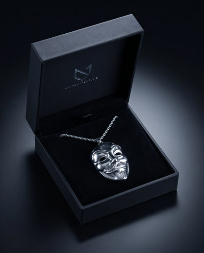 Silver Guy Fawkes Mask Rope Chain Necklace