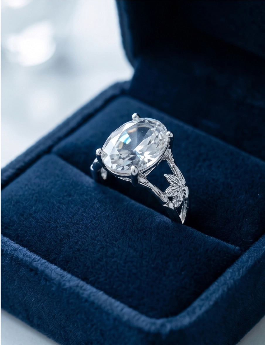Silver Oval Quartz Botanical Solitaire Ring