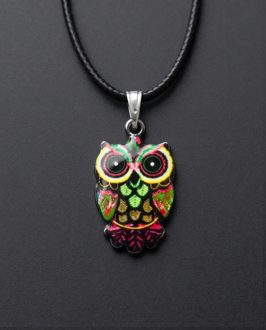 Neon Cyberpunk Owl Totem Pendant Necklace