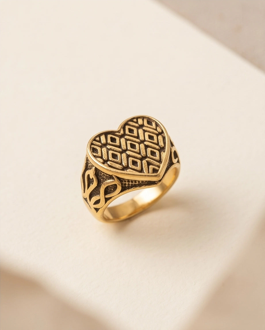 Lattice Heart Gold Signet Ring