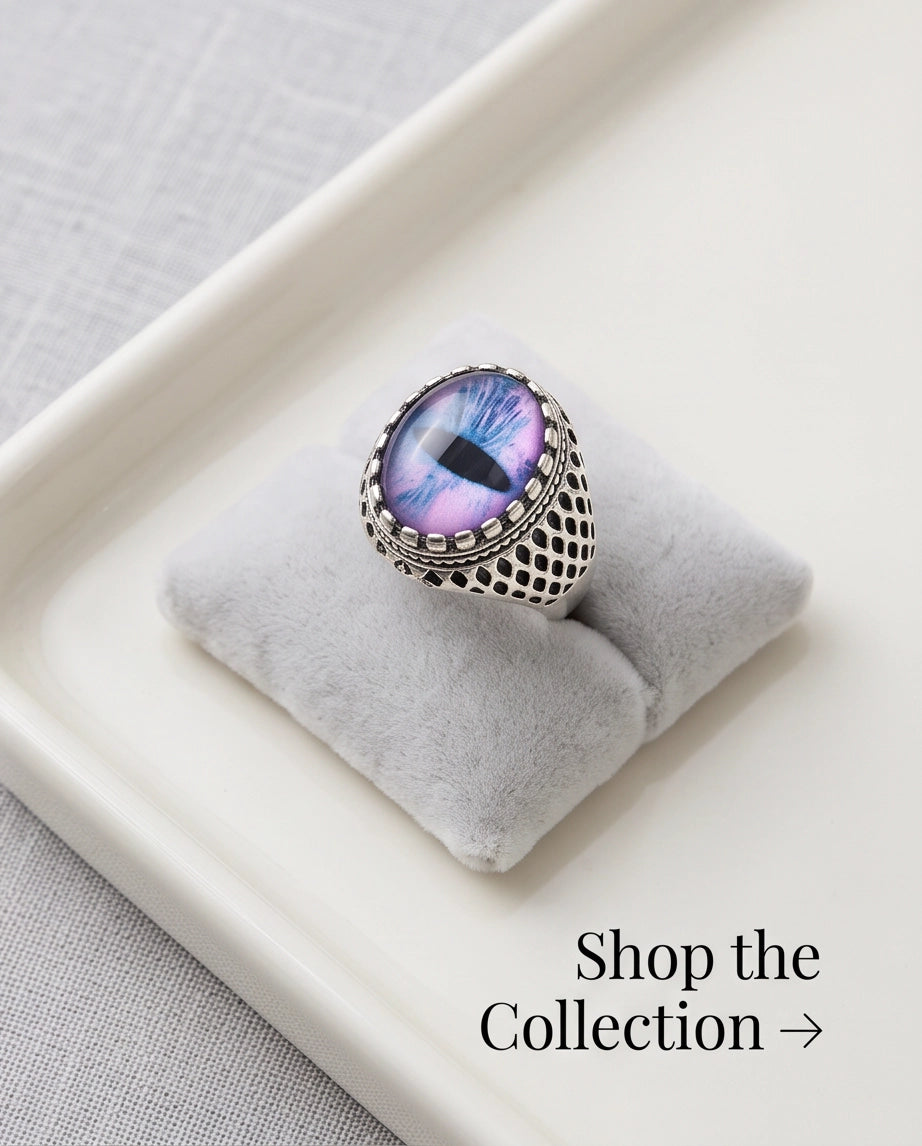 Purple-Blue Slit-Pupil Dragon-Eye Honeycomb-Band Silver Ring