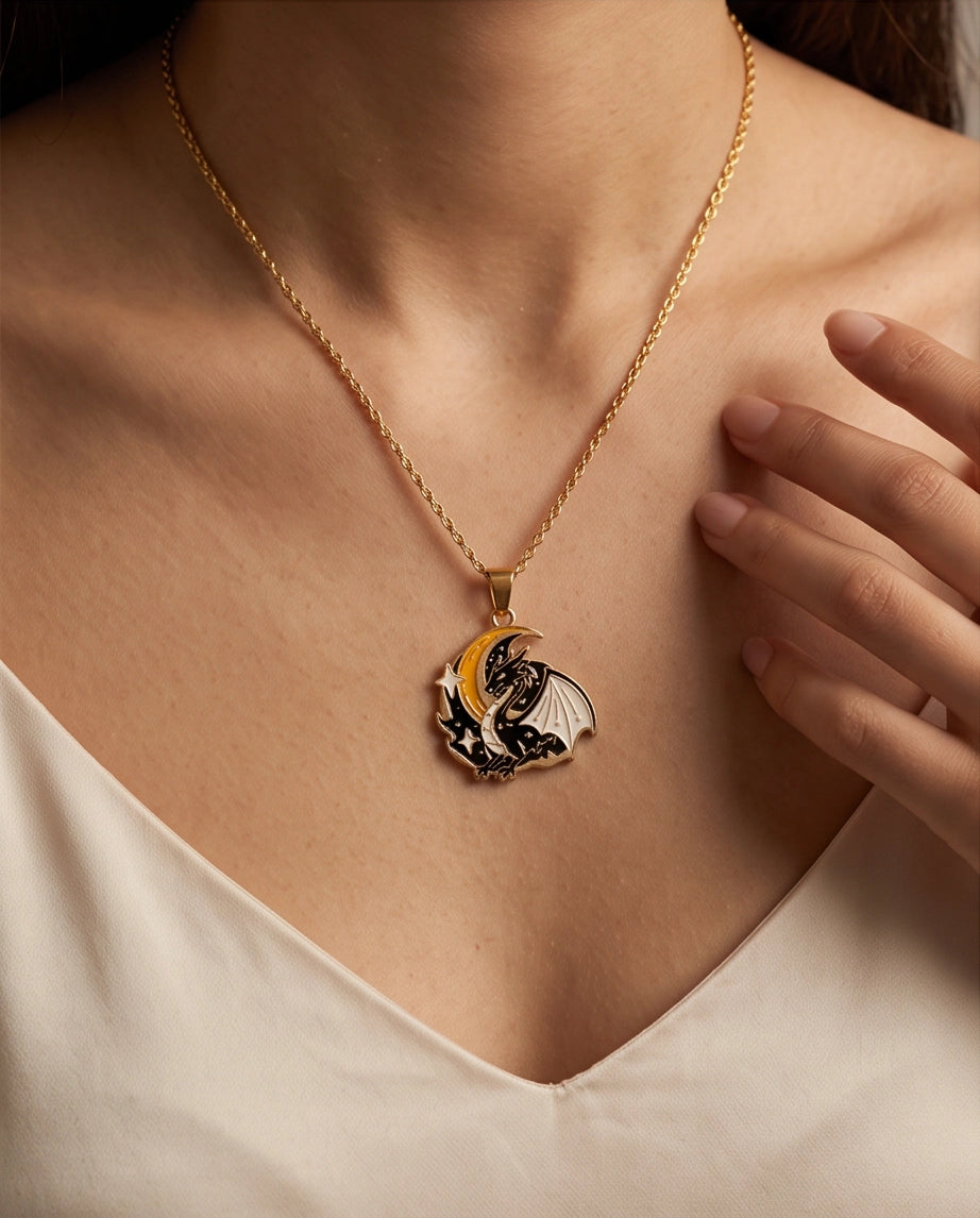 Gold Celestial Crescent Moon Dragon Enamel Pendant Necklace