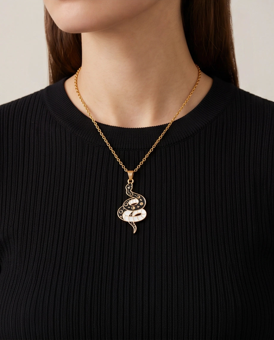 Gold Moon Phase Snake Enamel Pendant Necklace