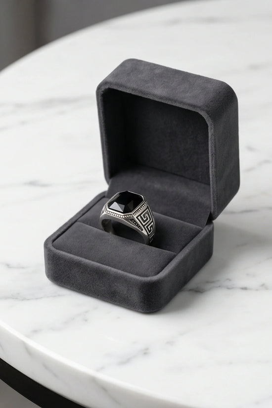 Vintage Greek Key Black Onyx Gemstone Ring