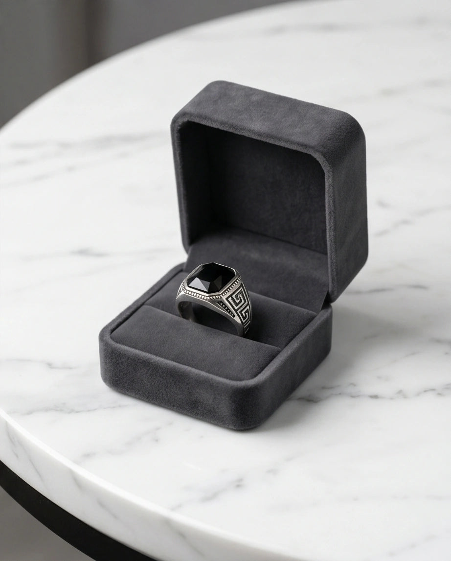 Vintage Greek Key Black Onyx Gemstone Ring