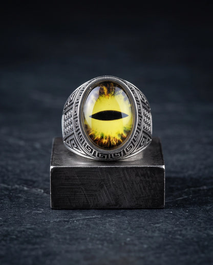 Golden-Yellow Slit-Pupil Dragon-Eye Greek Key Silver Ring