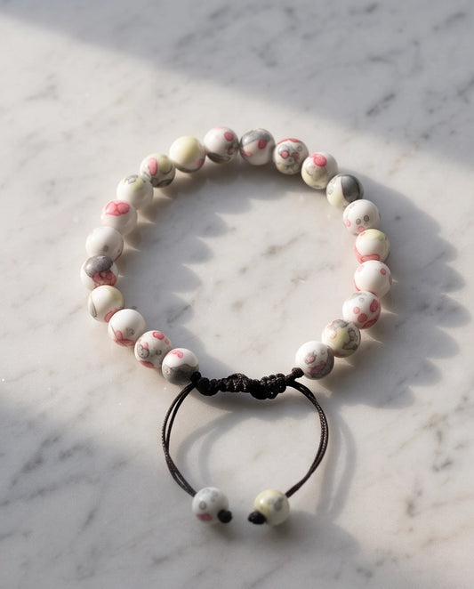 Cherry Blossom Patterned Ceramic Beaded Adjustable Macrame Bracelet