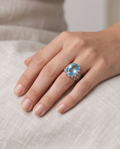 Ice Blue Oval-Cut Gemstone Scaled Bezel Silver Ring