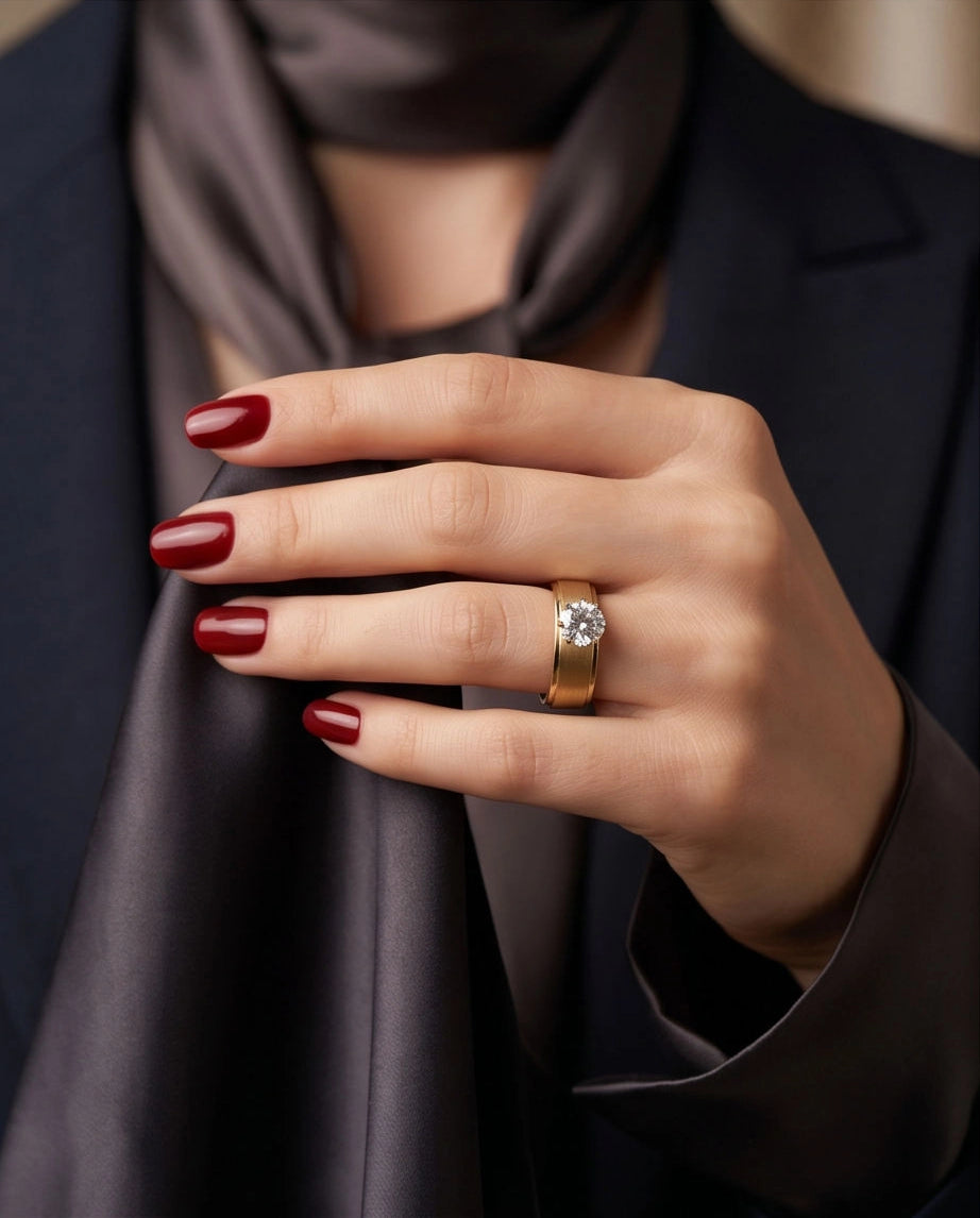 Gold Round Gemstone Brushed Solitaire Ring