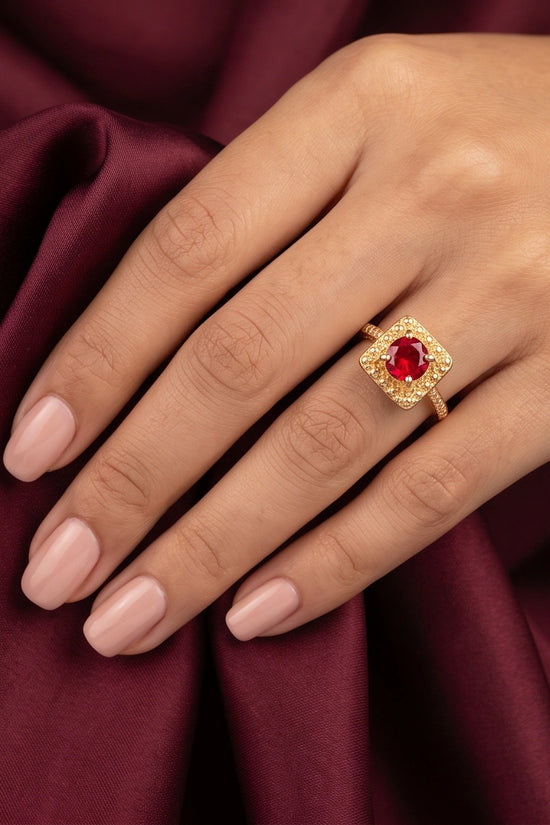 Vintage Gold Ruby Square Granulation Halo Ring