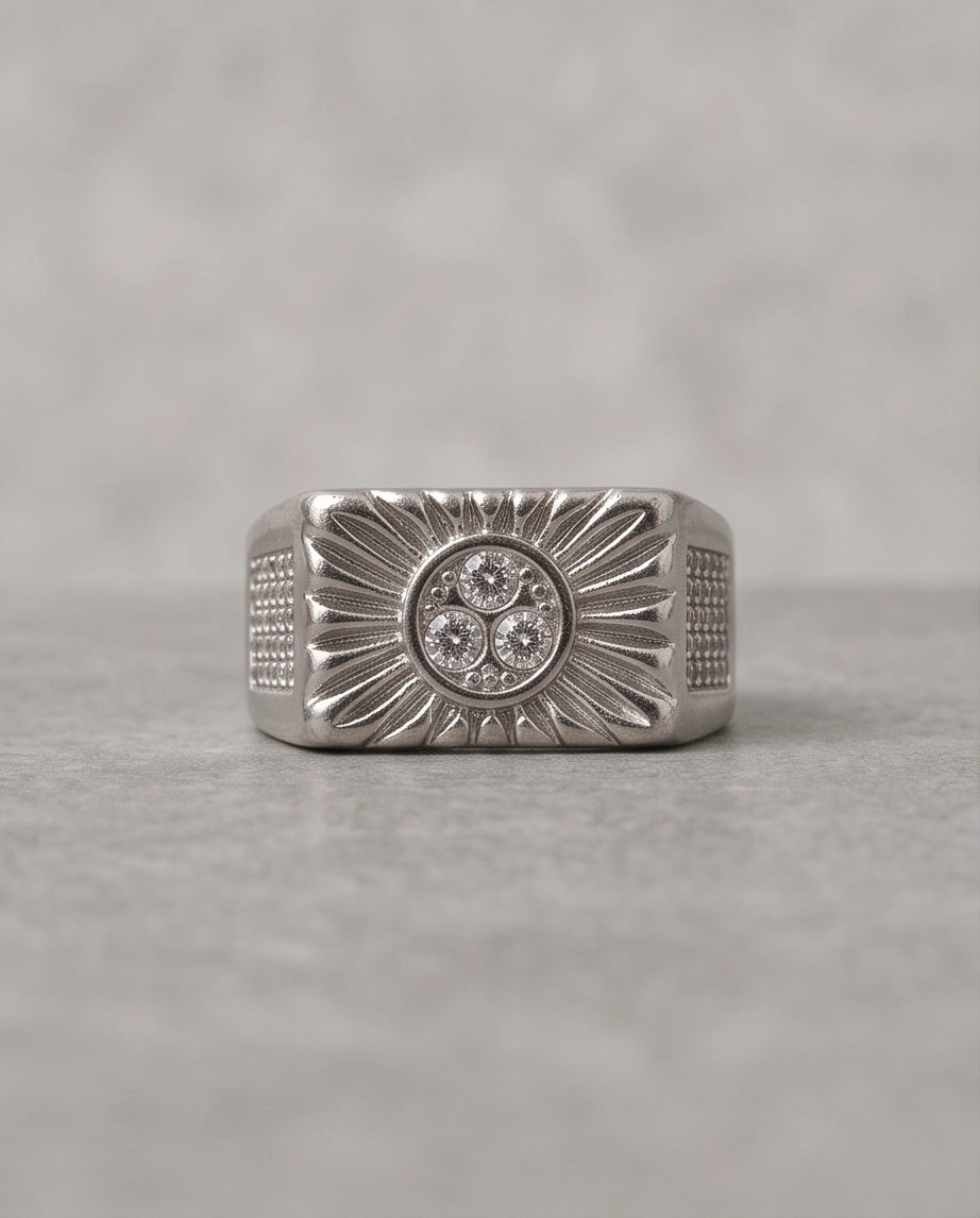 Celestial Sunburst Triple-Crystal Stippled Band Silver Ring