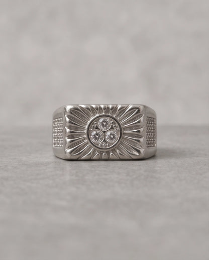 Celestial Sunburst Triple-Crystal Stippled Band Silver Ring