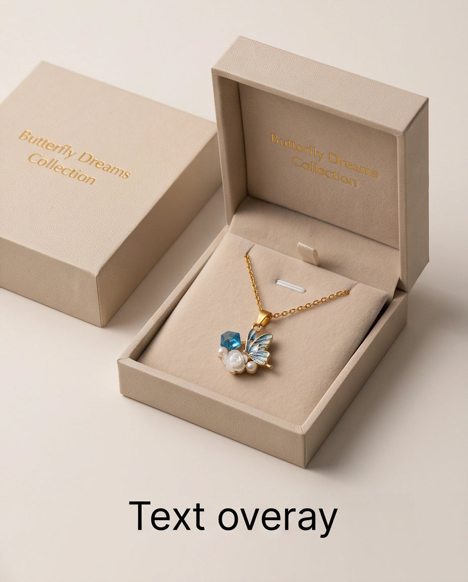 Gold Blue Enamel Butterfly & Pearl Rose Cluster Pendant Necklace