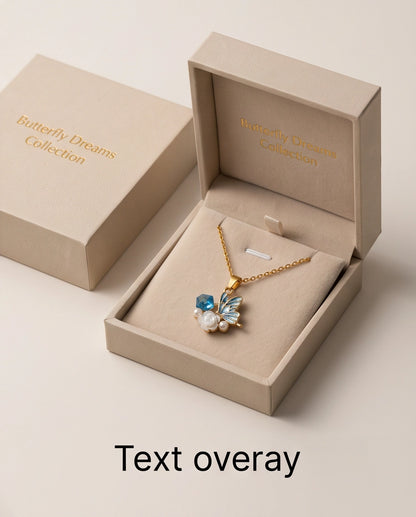 Gold Blue Enamel Butterfly & Pearl Rose Cluster Pendant Necklace