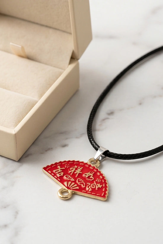 Traditional Red Folding Fan "Ji Xiang Ru Yi" Pendant Necklace
