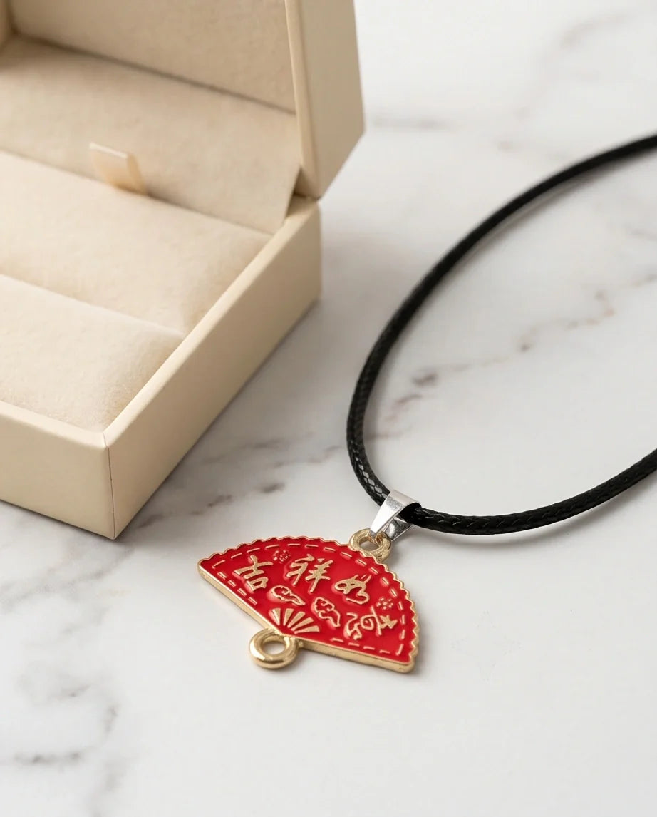 Traditional Red Folding Fan "Ji Xiang Ru Yi" Pendant Necklace