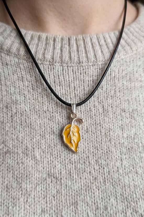 Golden Autumn Leaf Enamel Pendant Necklace
