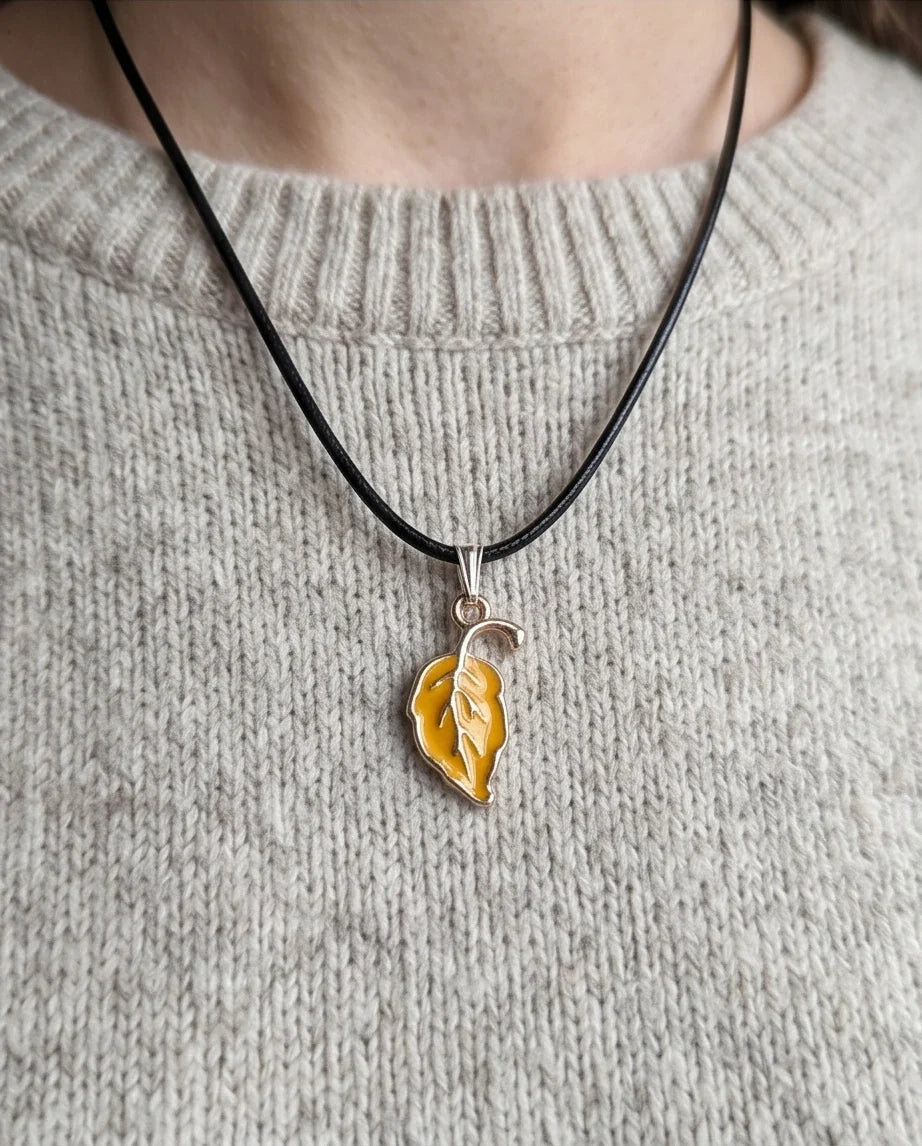 Golden Autumn Leaf Enamel Pendant Necklace