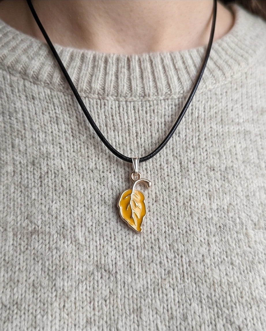 Golden Autumn Leaf Enamel Pendant Necklace