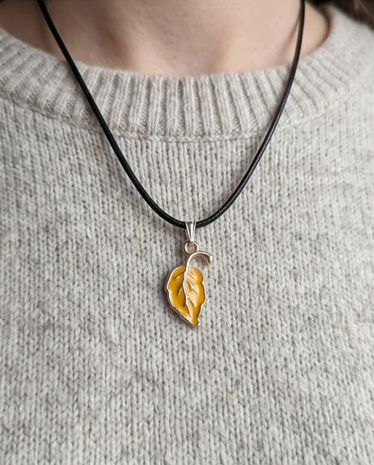 Golden Autumn Leaf Enamel Pendant Necklace
